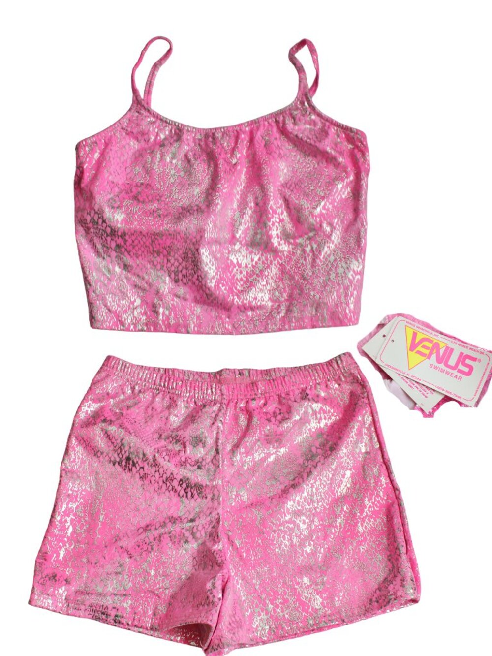 Venus Vintage 80's Pink Silver Snakeskin Tankini Swim Shorts Set Size XL NWT